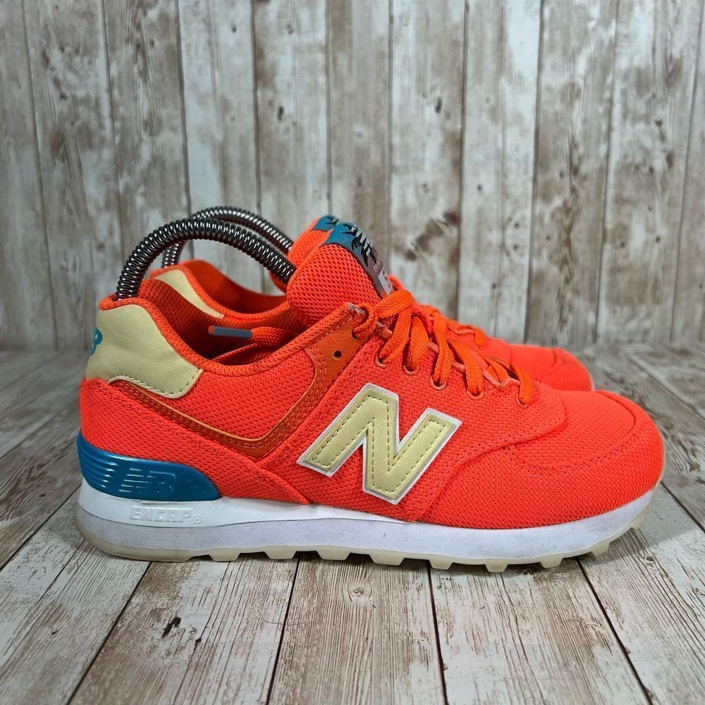 New Balance 574‎ Women Running Sport Shoes Orange Blue Beige Size 6.5
